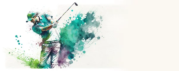Tuinposter Golfer swing action sport player, watercolor painting banner illustration with copy space. Generative AI   © fabioderby