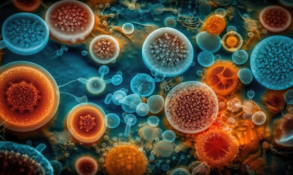 Different types of microbes, viral cells and bacteria, generative AI