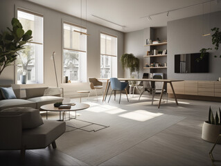 This office is designed to enhance creativity and productivity with its minimalist style, ample natural light, vibrant decor, and discreetly placed smart home technology.