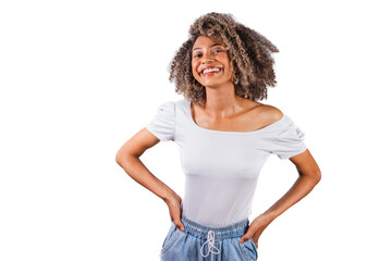 beautiful black brazilian woman, in casual clothes, hands on her hips.