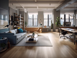 This office is designed to enhance creativity and productivity with its minimalist style, ample natural light, vibrant decor, and discreetly placed smart home technology.