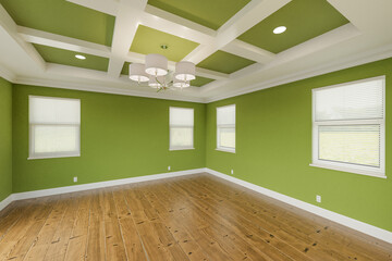 Beautiful Bold Green Custom Master Bedroom Complete with Fresh Paint, Crown and Base Molding, Hard Wood Floors and Coffered Ceiling