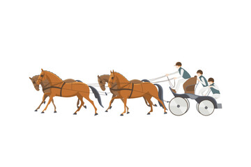 Equestrian driving, a team of four horses with a carriage, vector illustration