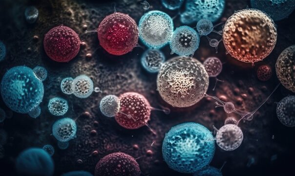 Different types of microbes, viral cells and bacteria, generative AI © Enigma
