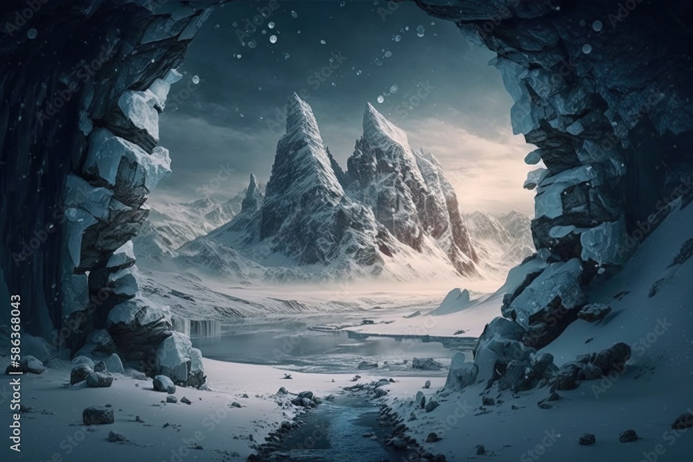 Poster an ancient landscape wrapped in a blanket of ice and snow generative ai