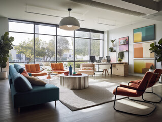 This office is designed to enhance creativity and productivity with its minimalist style, ample natural light, vibrant decor, and discreetly placed smart home technology.