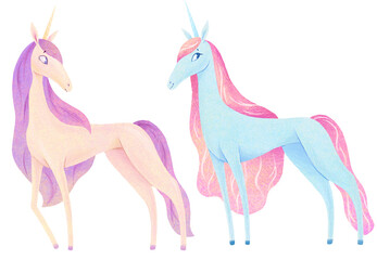 Unicorns clipart set. Children illustration, isolated on white background. Yellow and blue unicorns in different poses. 