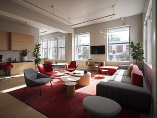 This office is designed to enhance creativity and productivity with its minimalist style, ample natural light, vibrant decor, and discreetly placed smart home technology.
