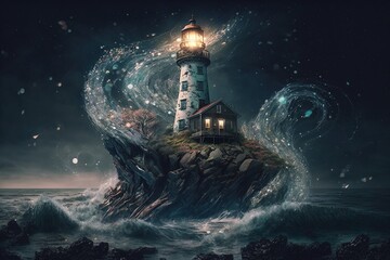 Obraz na płótnie Canvas Beauty Amongst Chaos: An Ode to the Everlasting Lighthouse Generative AI