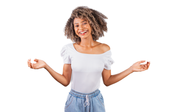 beautiful black brazilian woman, in casual clothes, with open arms, welcome.