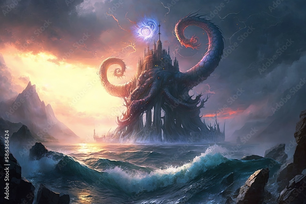 Aufkleber celestial entities meet on earth: kraken's fury unleashed on mythic isles generative ai