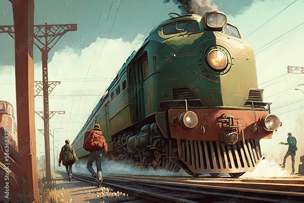 Poster chugging down memory lane on steel rails: a nostalgic illustration generative ai
