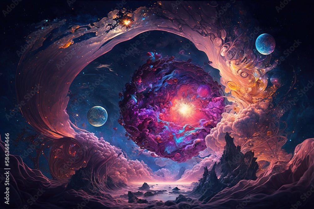 Poster cosmos unleashed through mystical splashes of fantasy stardusts generative ai