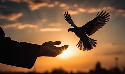 Silhouette pigeon flying out of two hand and freedom concept and international day of peace, generative AI