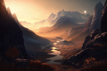 Dawn's Serenity in a Vast Valley Below Generative AI