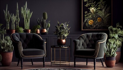 Home interior, luxury modern dark living room interior, black empty wall mock up with two armchair, green plants.
