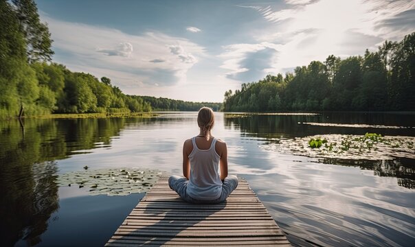 A woman practicing yoga and meditating on the shore of a lake on a summer background, generative AI