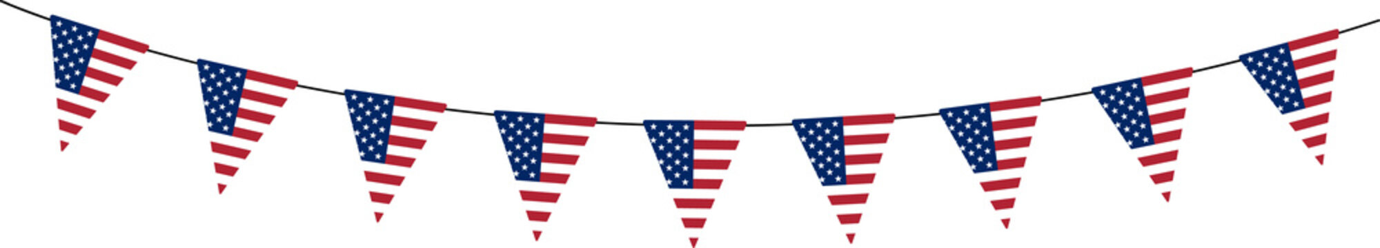 USA National Holiday, bunting garland, string of triangular flags national colors, pennant, Independence Day