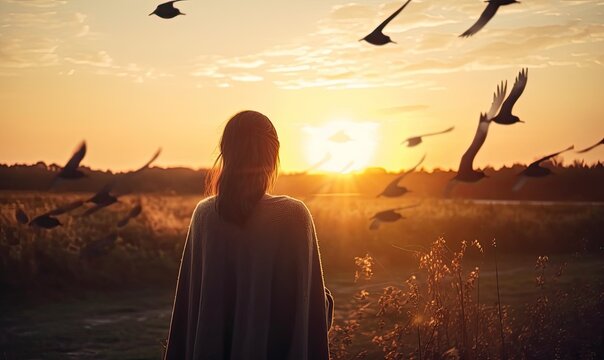 Young girl joy and inspiration facing the sun, bird flying above sign of freedom, generative AI