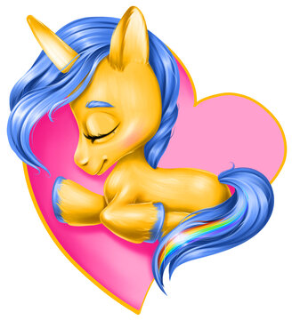 A cartoonish yellow unicorn with a blue mane and tail is lying on a pink heart. The unicorn has a rainbow on its tail. The illustration is suitable for children's products or nursery.