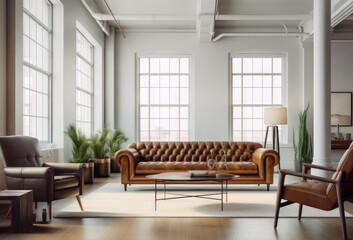 Fototapeta na wymiar Living room Industrial interior style, An eclectic mix of seating options, including leather club chairs, metal-framed armchairs, and a tufted sectional upholstered in a neutral fabric