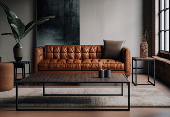 Living room Industrial interior style, A mix of textures and materials, such as a leather sofa, a shaggy wool rug, and a metal and glass coffee table, to create a cozy and inviting atmosphere 