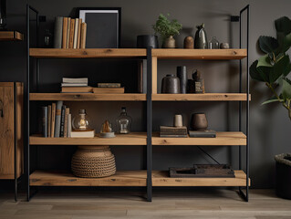 Living room Industrial interior style, A detailed shot of a reclaimed wood and metal shelving unit, displaying its unique and rustic character