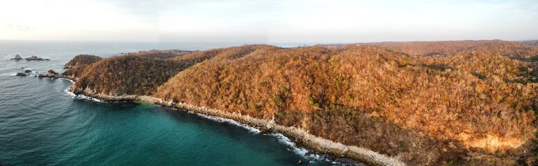 4k aerial panoramic view of the coast and a beach of huatulco oaxaca mexico summer spring national park sea landscape riscalillo beach mazunte