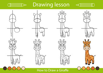 Drawing tutorial and art lesson. How to draw animals. Kids activity page. Children education step by step worksheet. Vector illustration of giraffe.