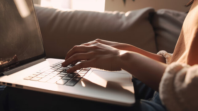 A Close Up Of A Person Working On Their Laptop Remotely On Their Couch From Home.