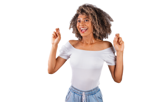 beautiful black brazilian woman, casual clothes, fingers crossed, lucky sign, cheering, wishing.