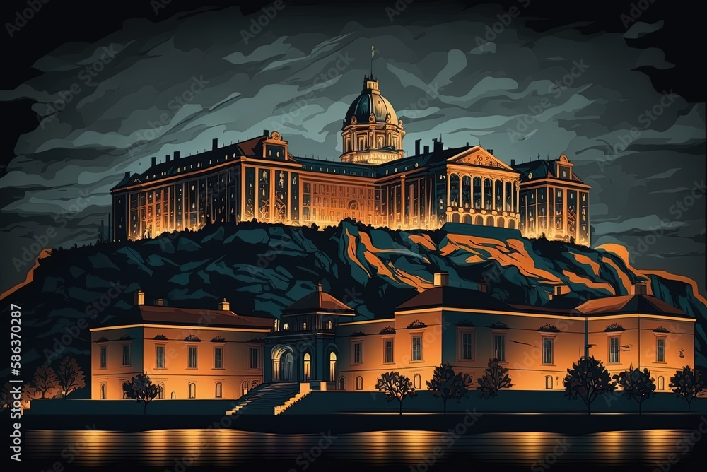 Poster nighttime view of budapest's illuminated skyline and the castle of buda generative ai