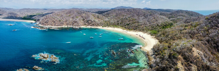 4k aerial panoramic view of huatulco oaxaca mexico beach summer spring national park sea landscape la india beach
