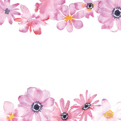 Fototapeta na wymiar Watercolor spring petal frame. Pink hand painted background. Watercolor decorative frame of plants.