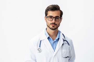 Fototapeta premium A man doctor in a white coat and eyeglasses seriously on a white isolated background looking into the camera, copy space, space for text, health