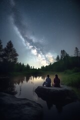 Obraz na płótnie Canvas Couple sitting on a rock by a lake with the sky full of stars. Generative AI vertical shot