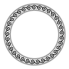 Repeating spiral pattern, circle frame. Decorative circular border with spirals, connected to each other in an endless sequence. Ancient greek motif. Isolated illustration, on white background. Vector