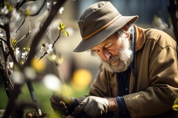 Obraz premium Senior man working in the garden. Generative AI shot