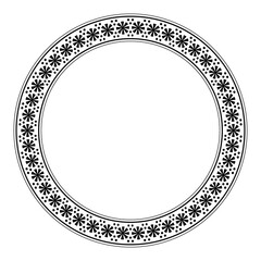 Circle frame with rosette pattern and dots. Decorative circular border with round, stylized flower motif, that can be found on ancient Greek pottery. Isolated illustration on white background. Vector.