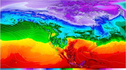 Foto op Plexiglas Mapa meteorológico de temperatura de América del Norte muestra las temperaturas en diferentes regiones, con temperaturas más cálidas en rojo o naranja y temperaturas más frías en azul o morado. © JuanCarlos
