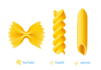 Hight realistic farfalle, penne and fussili pasta. Vector illustration isolated on white background. Can be use for template your design, promo, adv. EPS10.