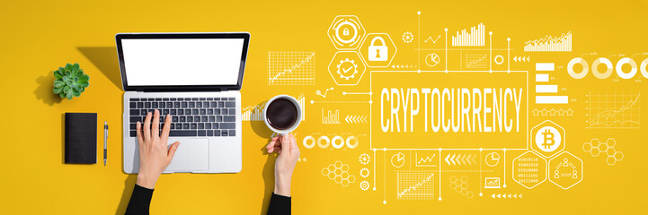 Cryptocurrency theme with person using a laptop computer