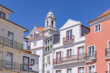 Fototapeta na wymiar A bell tower on a small church in Lisbon.