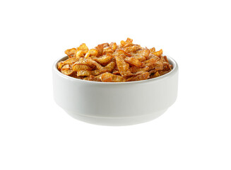 Crispy fried shallots on white bowl, isolated on white background. clipping path. Deep fried shallots for garnishing in white bowl.