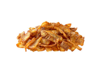 Heap roasted shallot onions isolated on white background. Pile of fried gold onion.