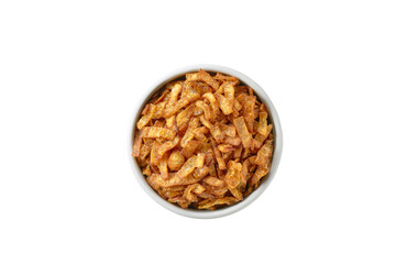 Crispy fried shallots on white bowl,isolated on white background, top view. clipping path.