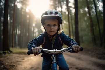 Naklejka premium Kid with Bike Adventure. Child riding a bike with a helmet in nature. Outdoor adventure concept. AI Generative