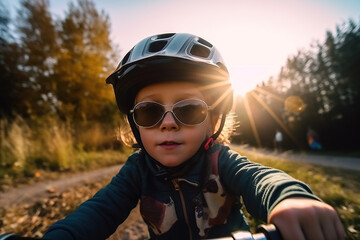 Fototapeta na wymiar Kid with Bike Adventure. Child riding a bike with a helmet in nature. Outdoor adventure concept. AI Generative