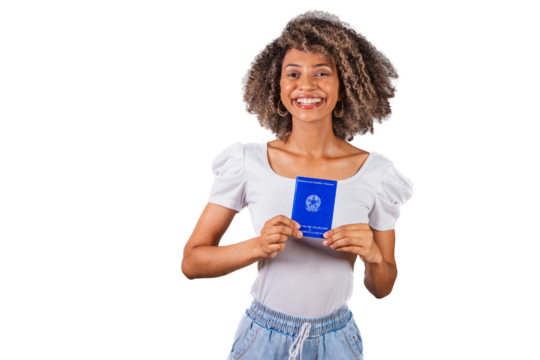 beautiful Brazilian woman, black,.holding work card and social security.