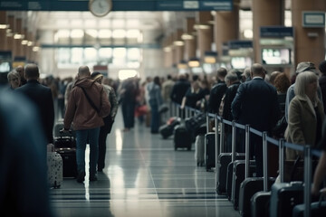 Airport Rush. Long line of people waiting at the check-in counter in the airport. Travel and tourism concept. AI Generative